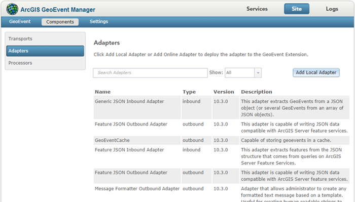 List of available adapters deployed with GeoEvent Server