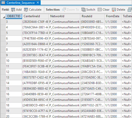 Centerline sequence table example